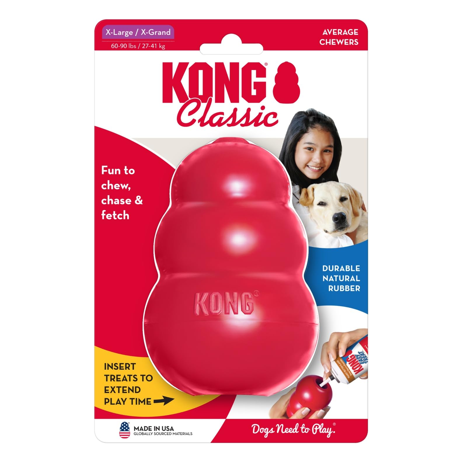 KONG Classic stuffed dog toy treat-filled option demonstrated with peanut butter or kibble.