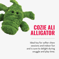 KONG Cozie Ali Alligator squeaker triggers interactive play during independent adventures.