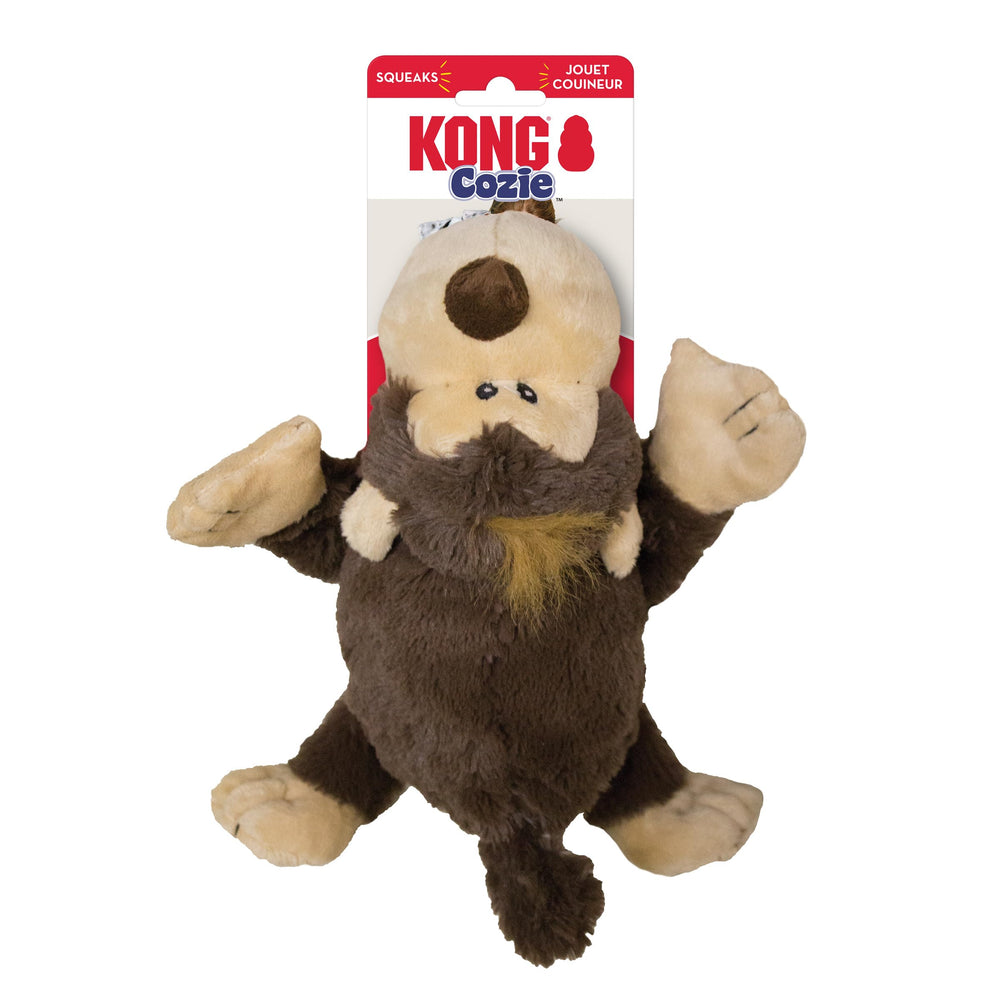 KONG Cozie plush toy close-up reveals built-in squeaker for interactive play.