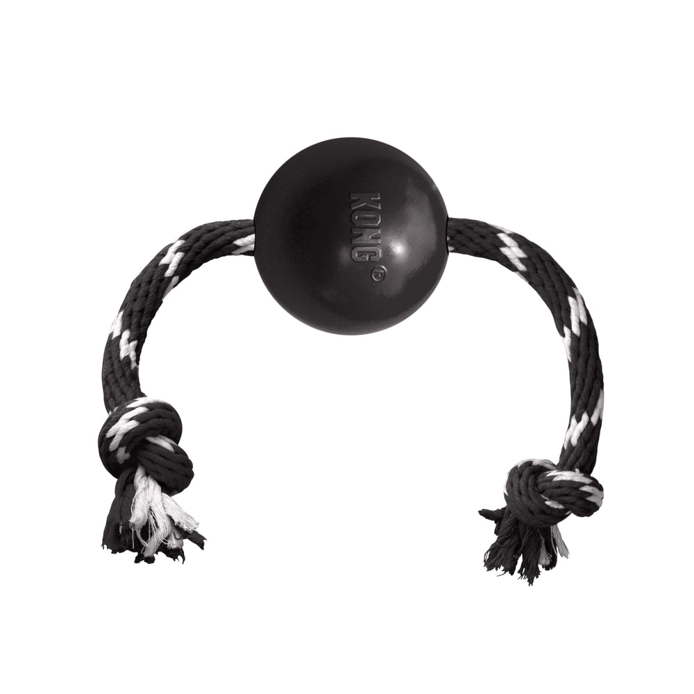 Pelota KONG Extreme con cuerda negra para perros grandes, ideal para lanzar y jugar