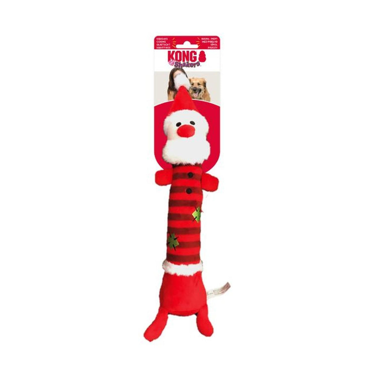 KONG Holiday Shakers Luvs Santa toy for medium dogs encourages fetch, shaking, and interactive play.
