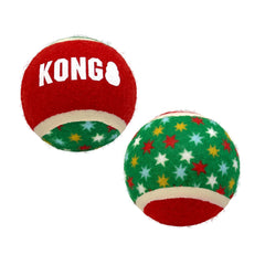 KONG Holiday Sport Balls 2-pack shows bouncy action for interactive fetch.