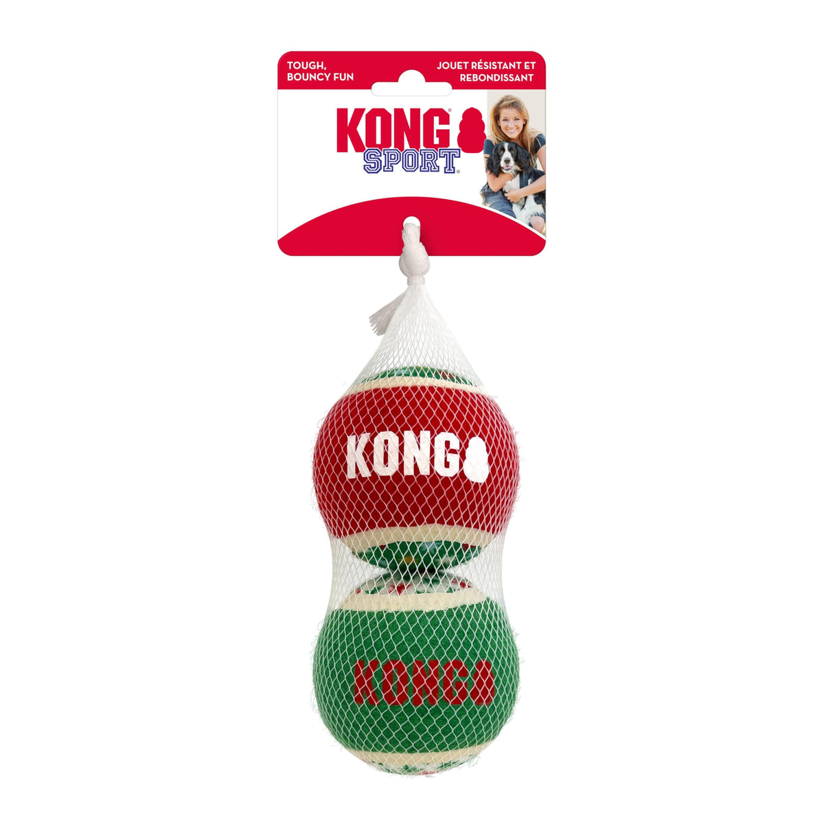 KONG Holiday Sport Balls 2-pack front view with festive colors for fetch.