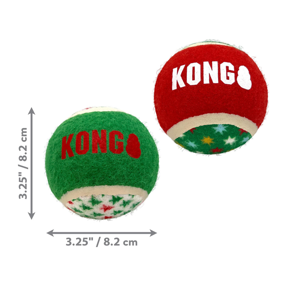 KONG Holiday Sport Balls 2-pack with no squeak for quiet play.