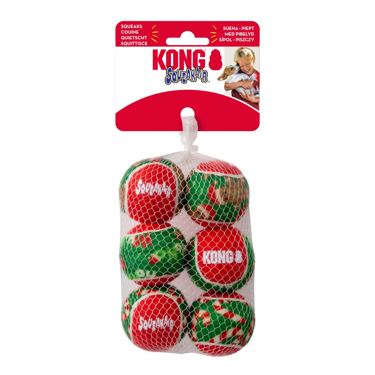 KONG Holiday SqueakAir tennis ball in action for playful fetch and squeak motivation.
