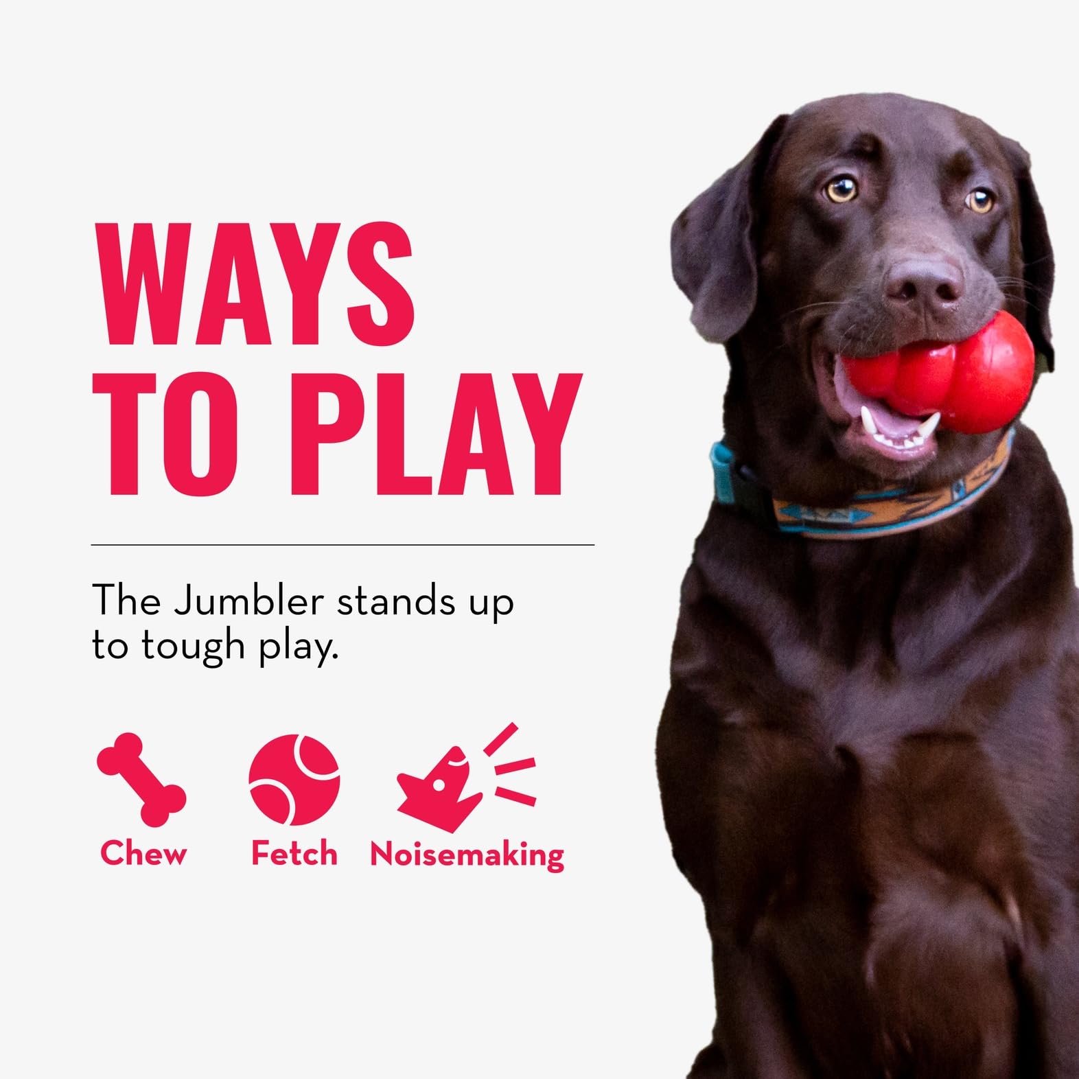 KONG Jumbler Ball outdoor-durable design endures rugged fetch on any terrain.