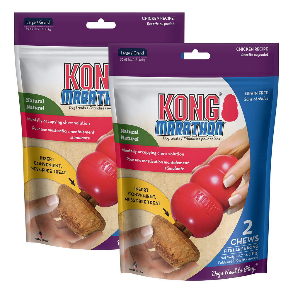 KONG Marathon chicken-flavor treats shown dispensing into a KONG toy for extended play.
