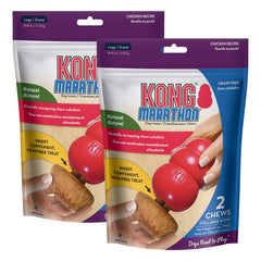 KONG Marathon chicken-flavor treats shown dispensing into a KONG toy for extended play.