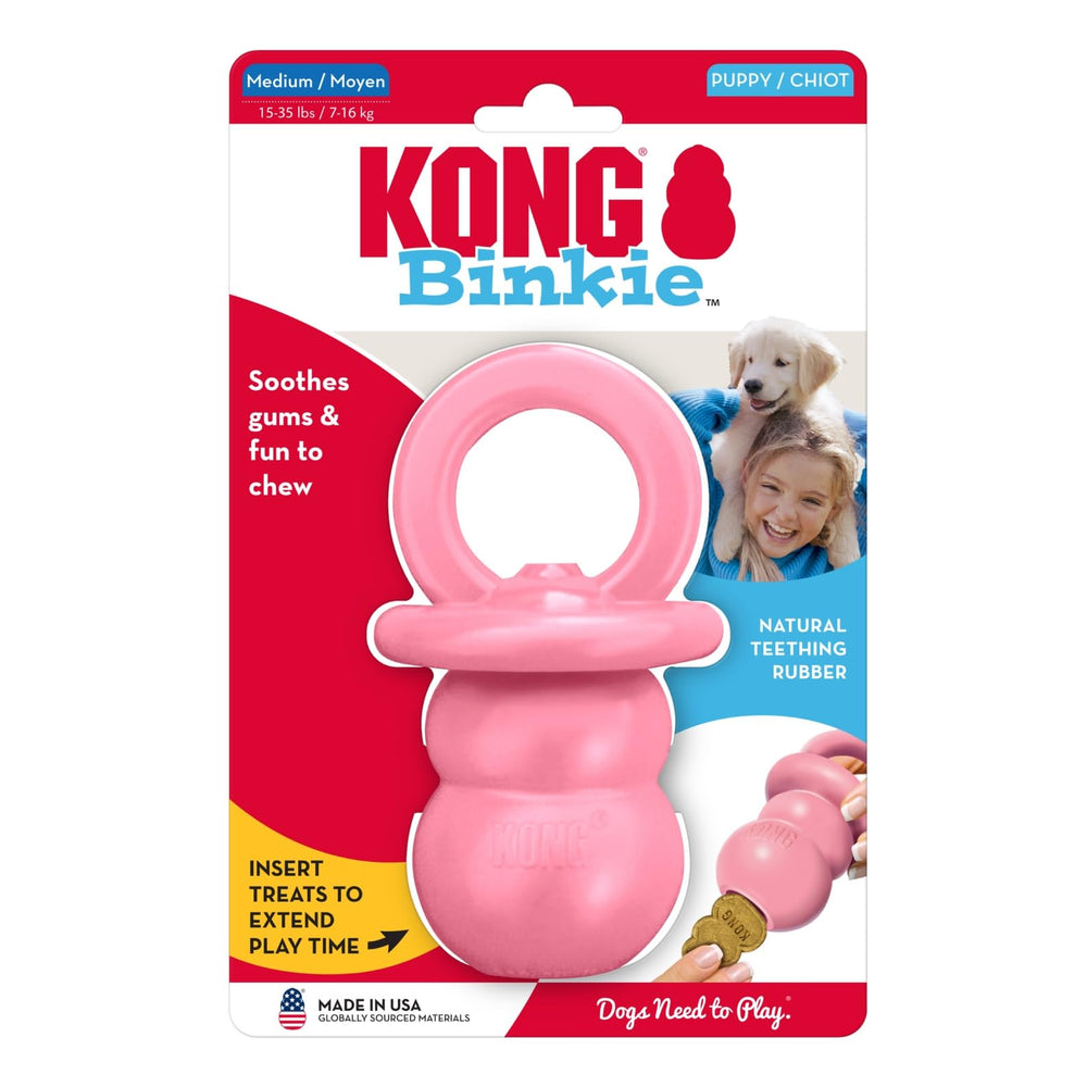 KONG Puppy Binkie pink closeup demonstrates appealing color and inviting teething toy.