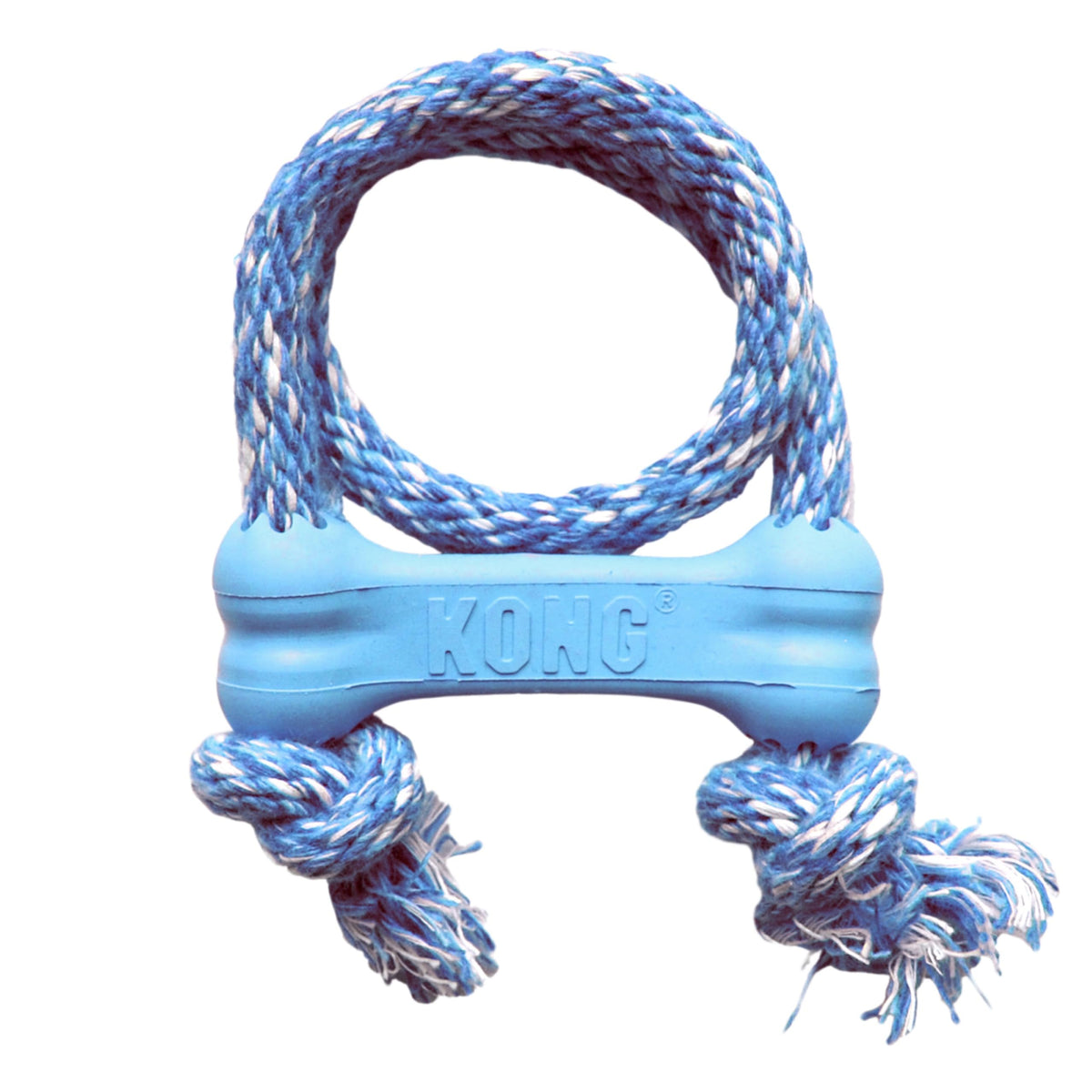 KONG Puppy Goodie Bone with Rope Blue front view for teething and chew play