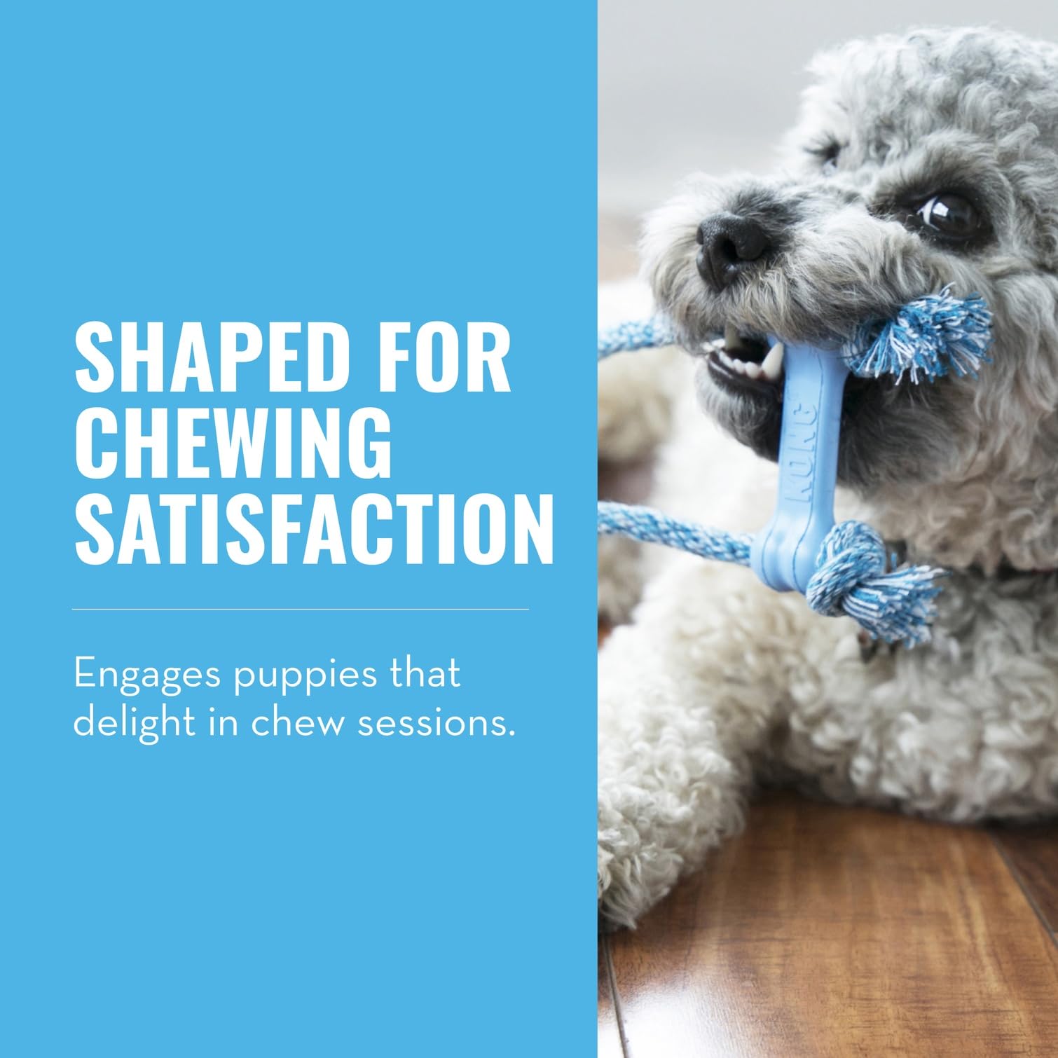 KONG Puppy Goodie Bone with Rope Blue side view supports healthy chewing habits