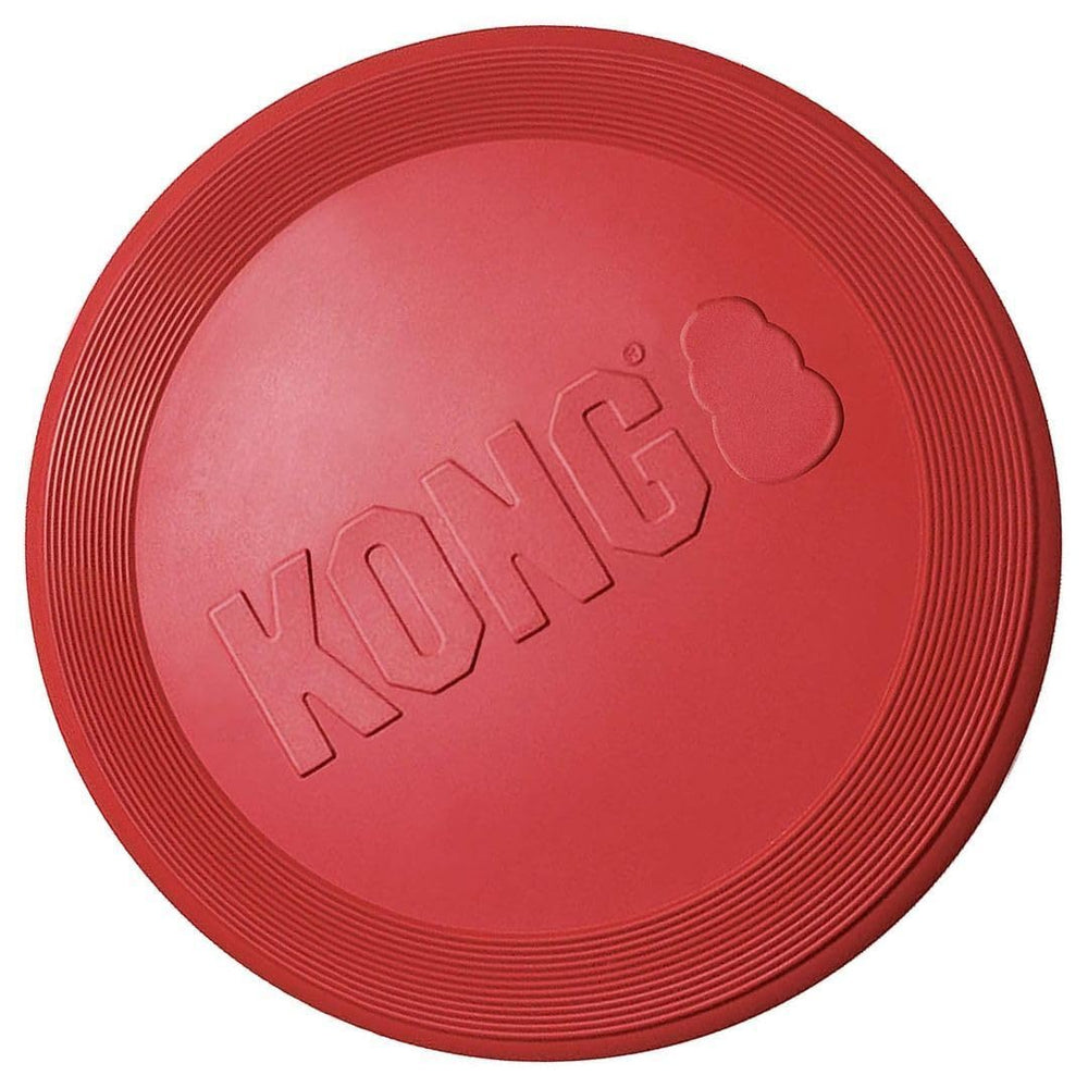 KONG Rubber Flyer large 2-pack red with a dog catching mid-air during fetch