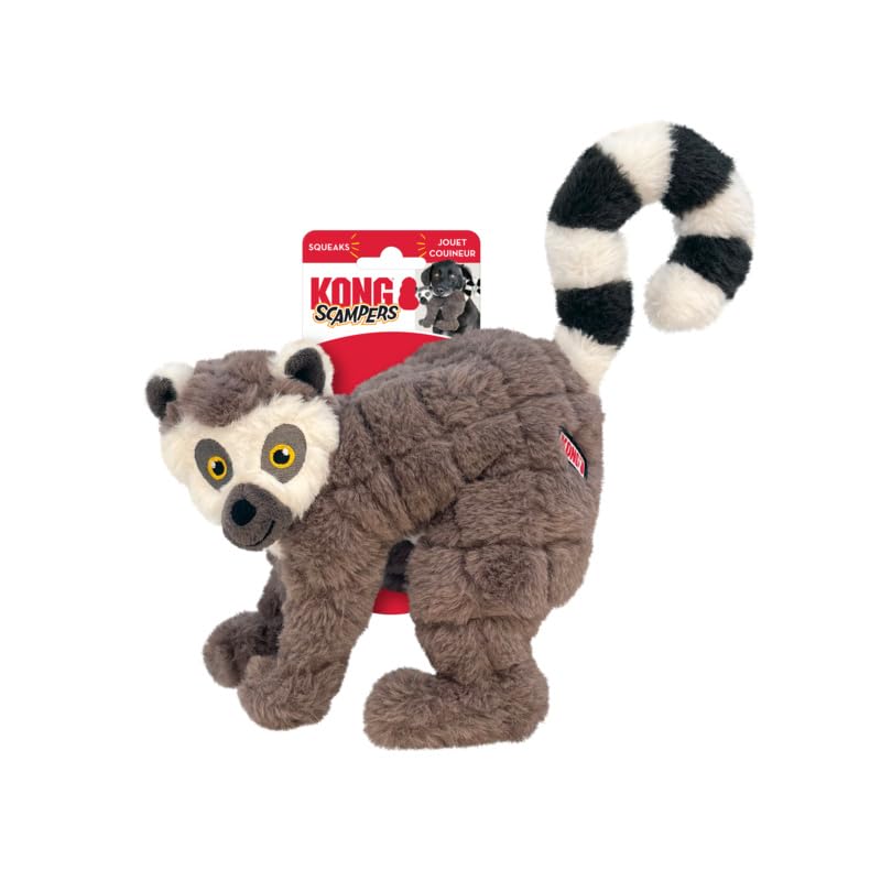 KONG Scampers lemur toy front view promotes active play with a soft low-tone squeaker