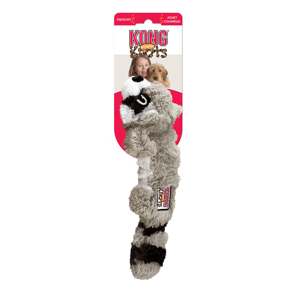 KONG Scrunch Knots Raccoon toy in medium/large size supports mess-free play for dogs