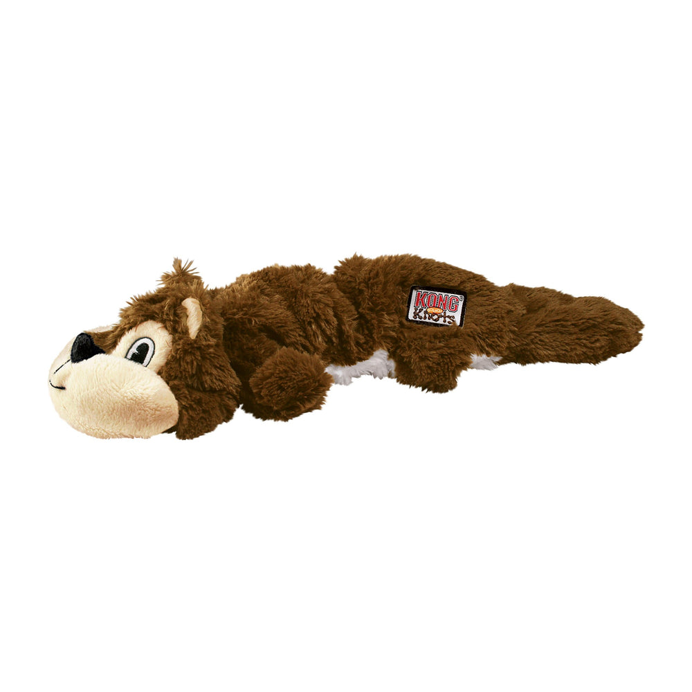 KONG Scrunch Knots Squirrel mid-play demonstrates stretchy sides and realistic movement.