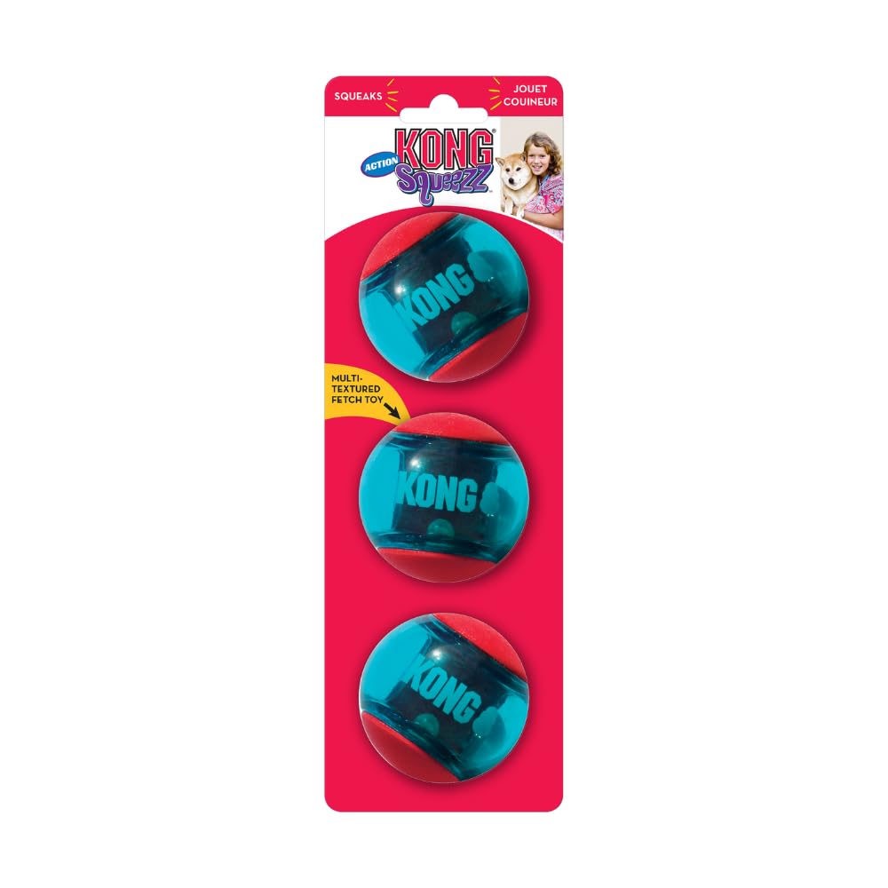 KONG Squeezz Action Ball Red MD front view for engaging fetch sessions.