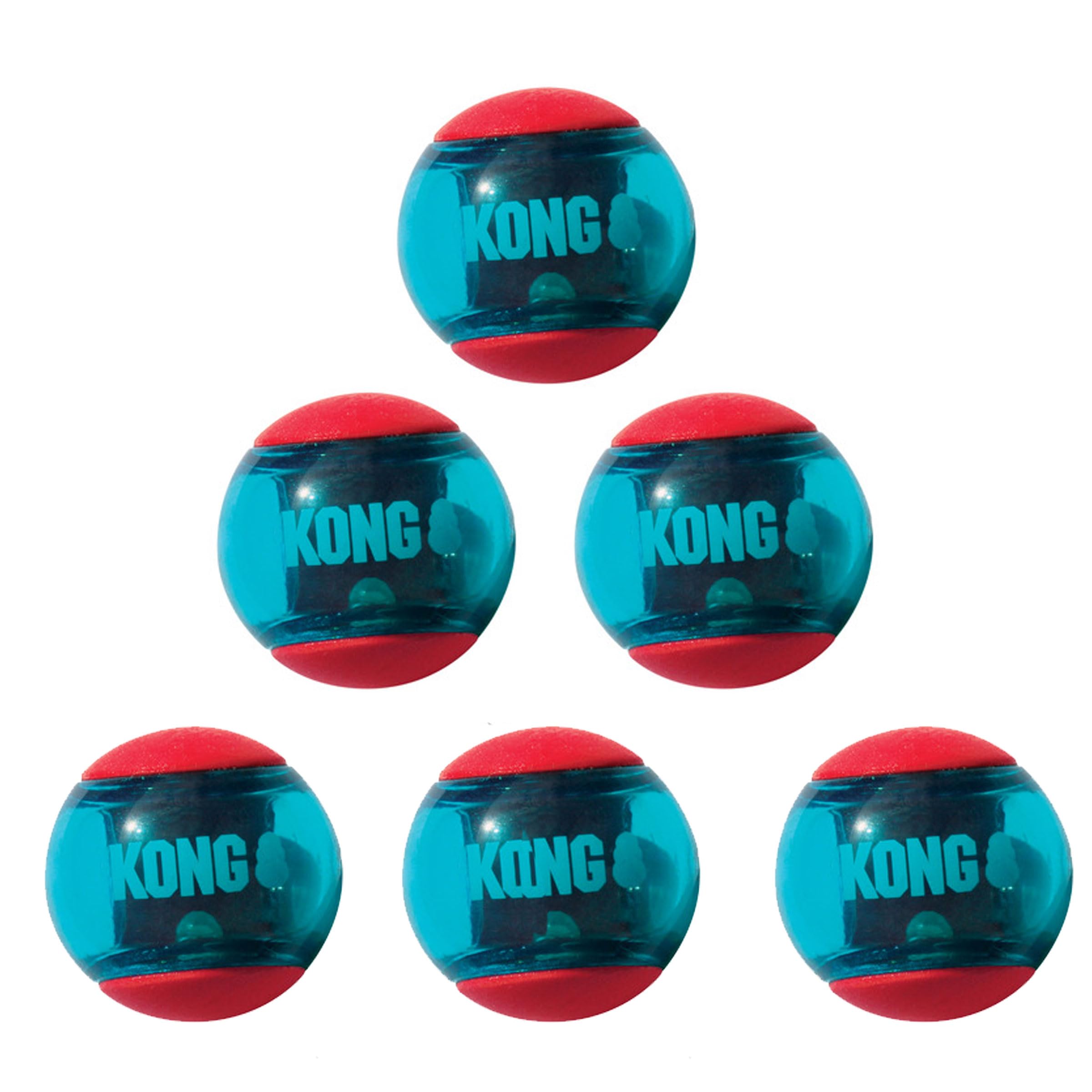 KONG Squeezz Action Ball close-up showing built-in recessed squeaker.