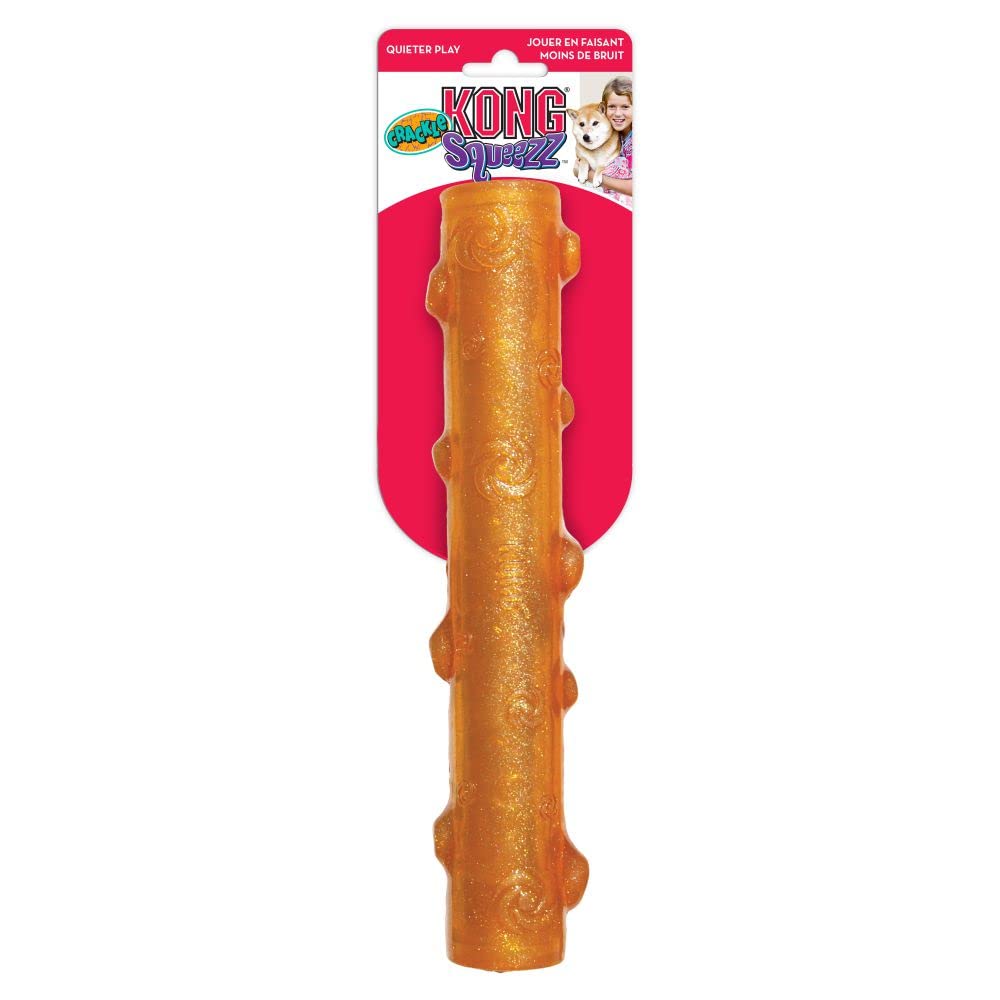 KONG Squeezz Crackle Stick toss-fetch action showcases active outdoor fun.