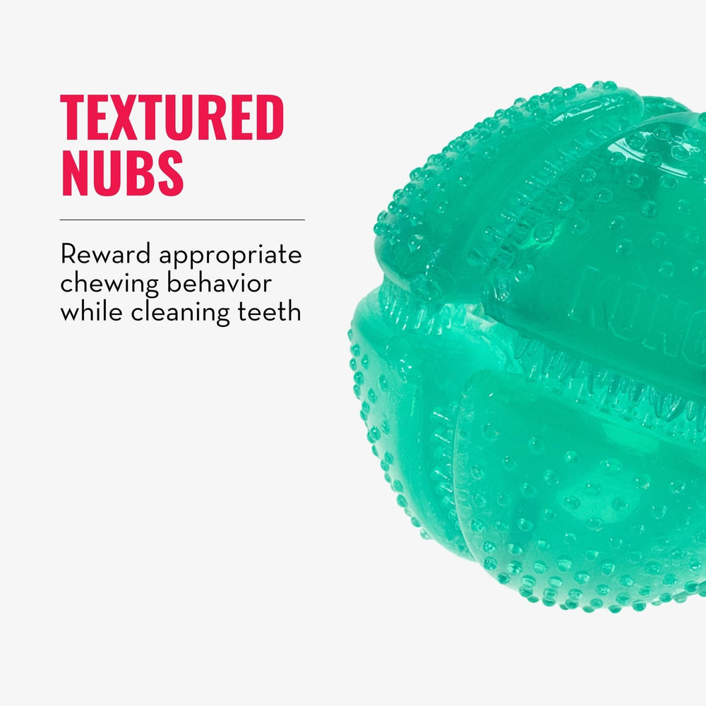 KONG Squeezz Dental Ball shows flexible chew-toy design.