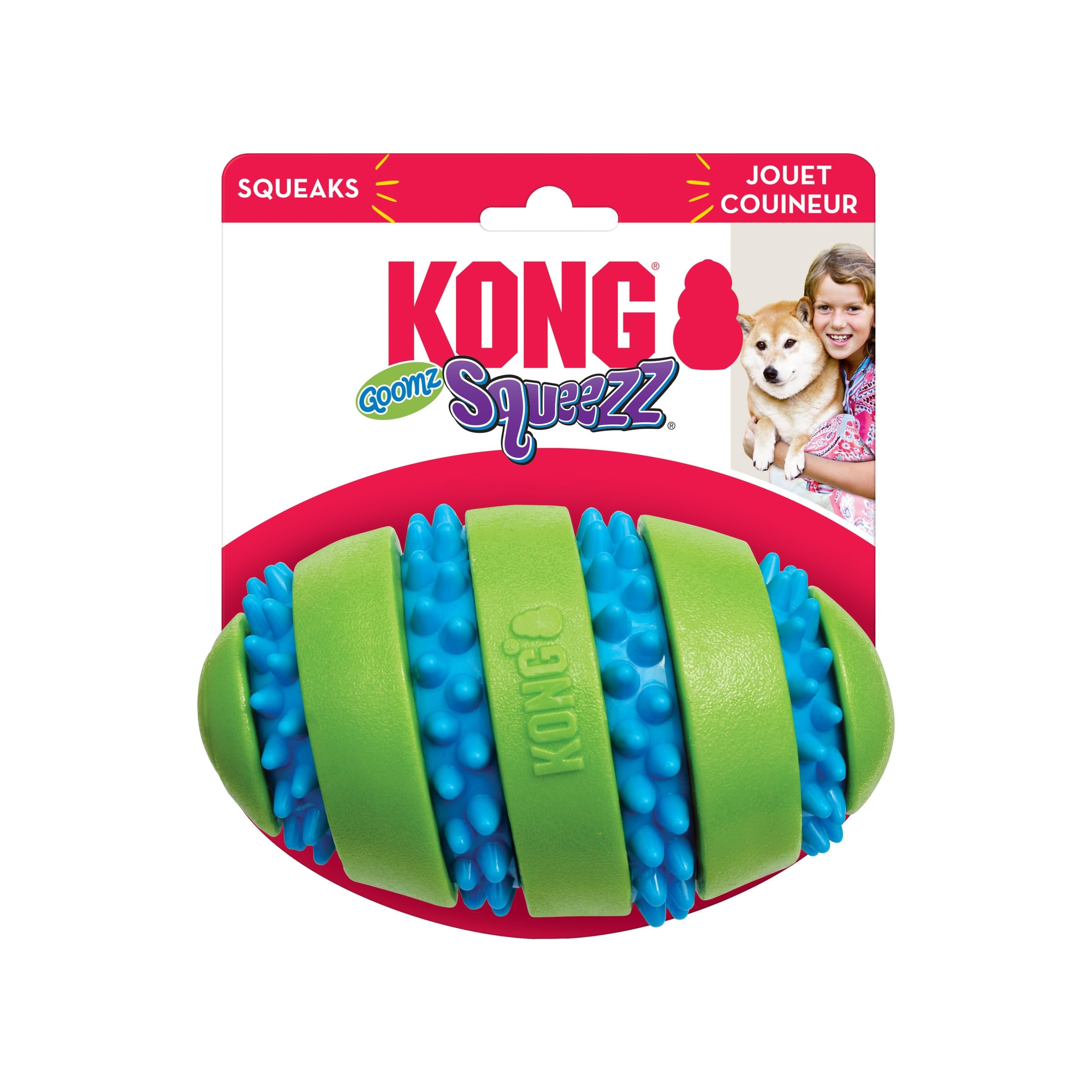 KONG Squeezz Goomz Football LG textured surface offers satisfying chewing textures