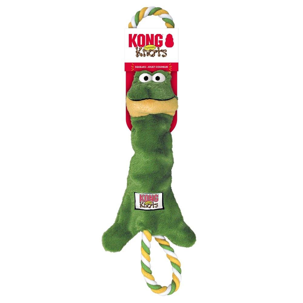 KONG Tugger Knots Frog squeaker adds audible excitement during playful shakes and chases