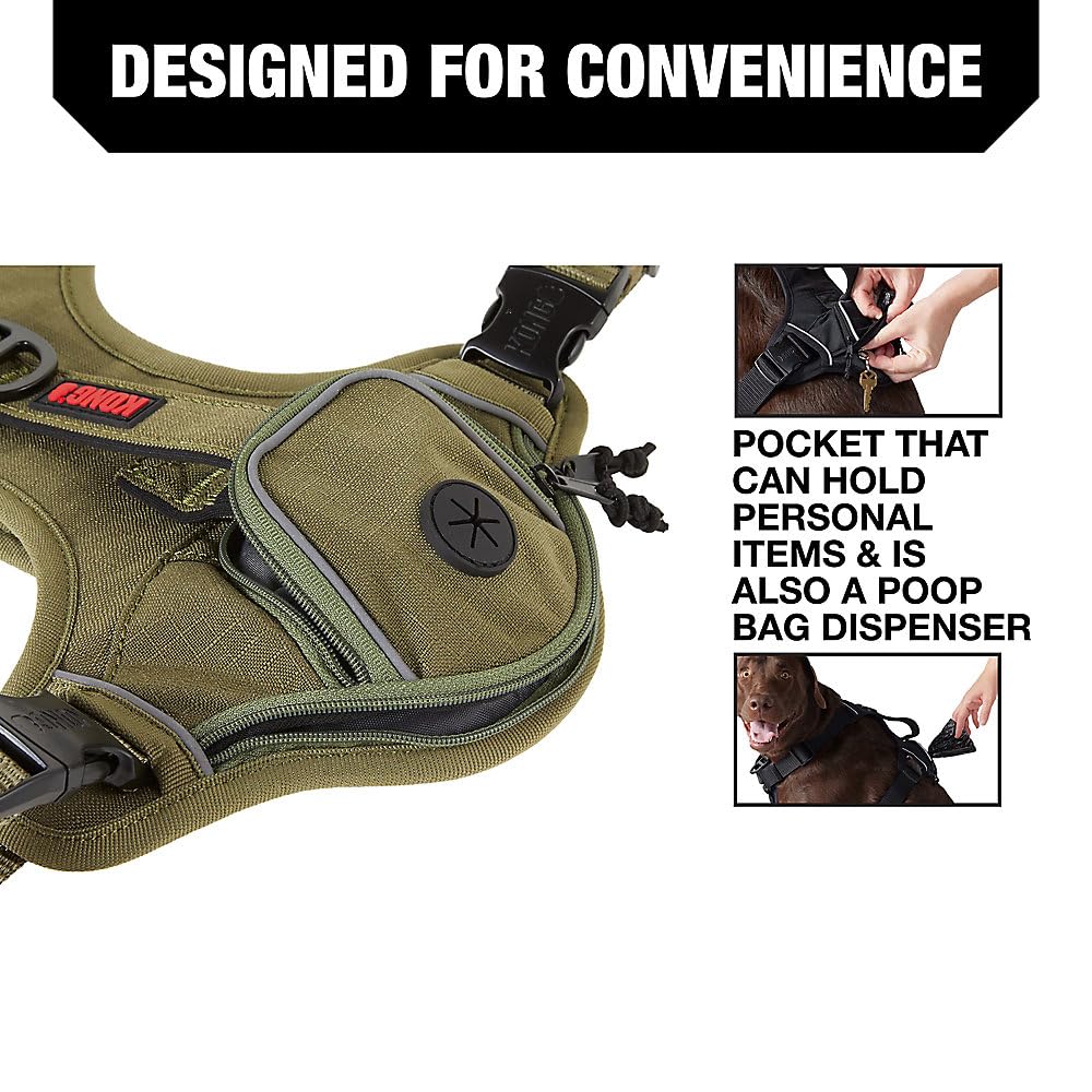 KONG harness with front and back D-rings enables versatile leash setups.
