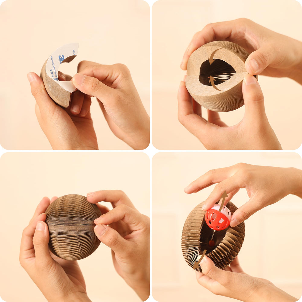 KONOATOR cardboard cat ball bell playtime demonstrating indoor exercise potential