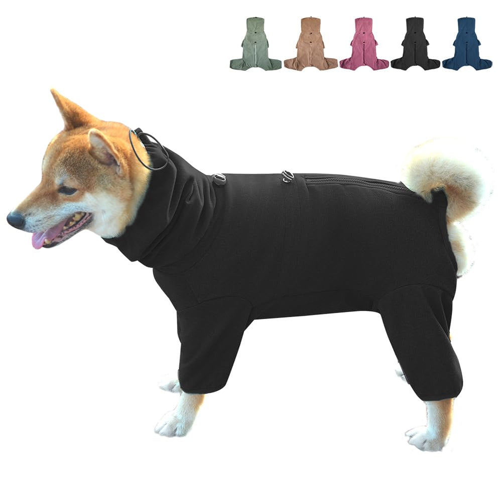 KOOGAL dog pajamas on a black dog for cozy evening lounging.