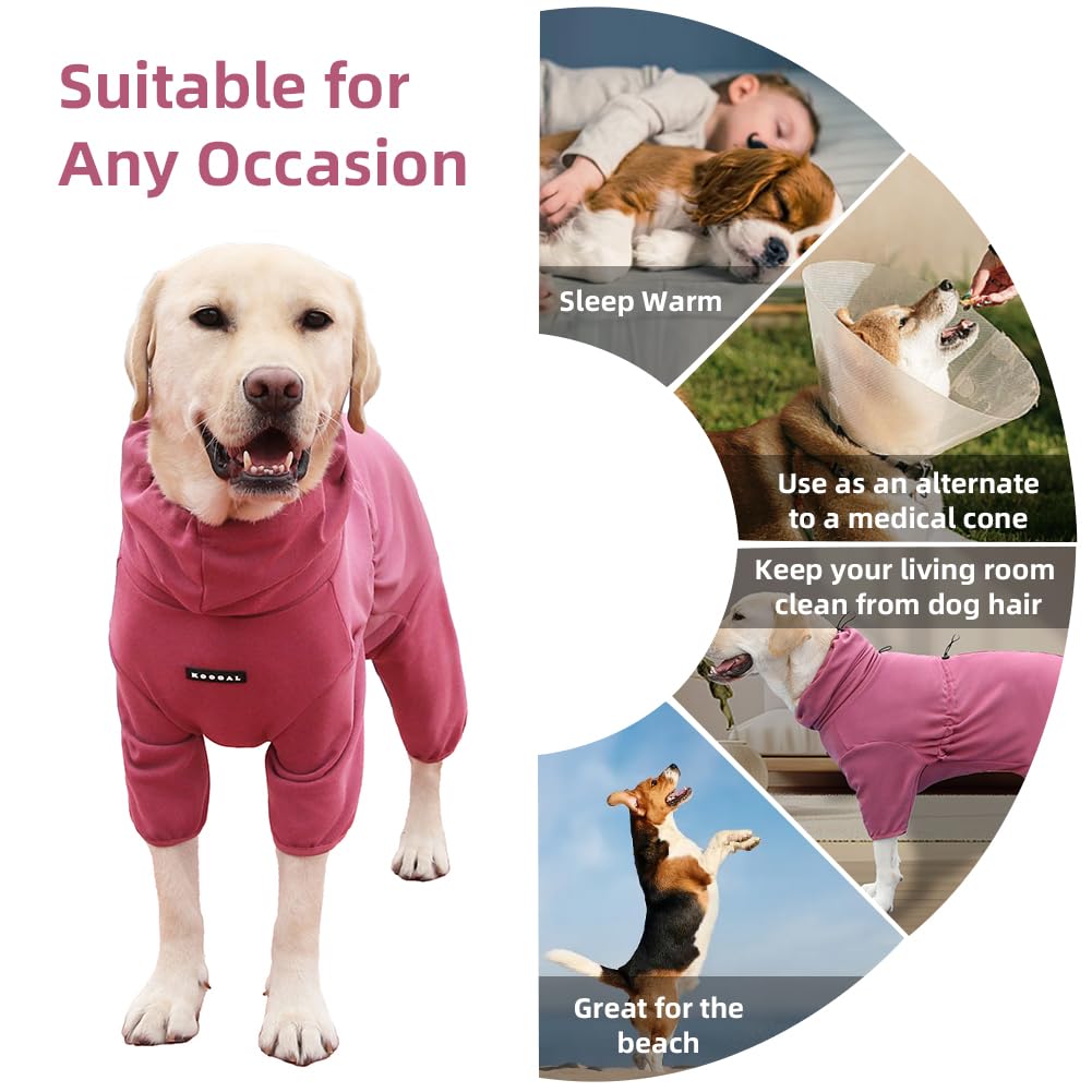 KOOGAL dog pajamas red back view emphasizes full-body coverage and cozy warmth.