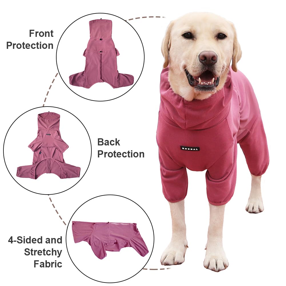 KOOGAL dog pajamas red action shot demonstrates secure four-leg enclosure during walks.