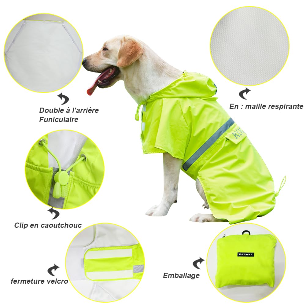 KOOGAL dog raincoat reflective strips aid night safety.