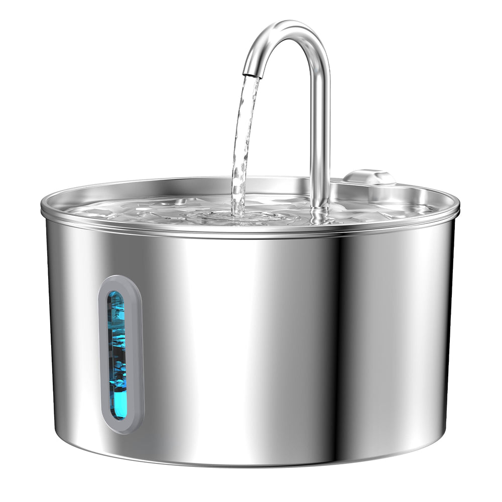 KOOGMOON cat water fountain front view in stainless steel promotes hydration