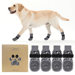 KOOLTAIL anti-slip socks on hardwood floor provide secure traction for active dogs.