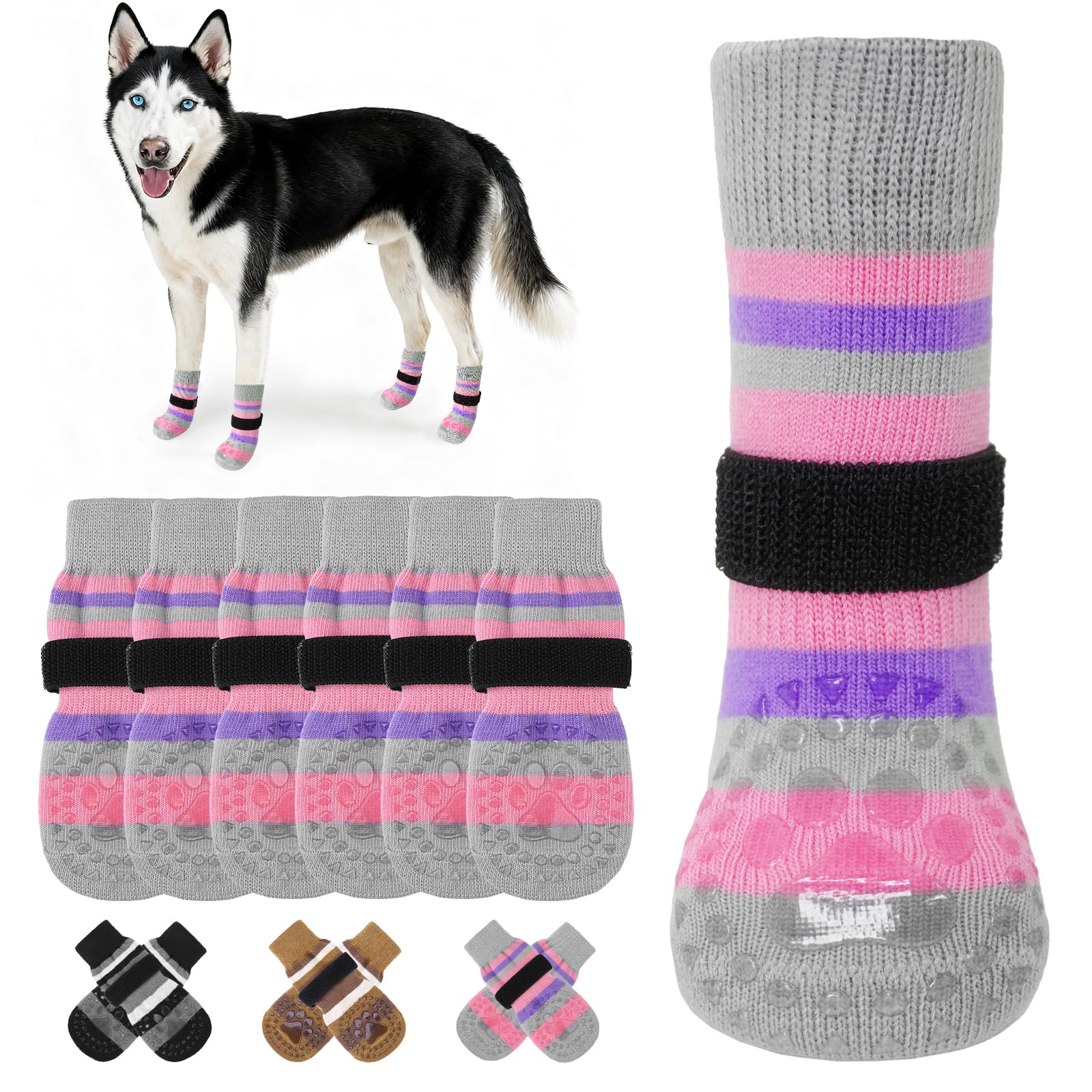Kooltail anti-slip dog socks in pack show multiple sizes for paw protection and traction.