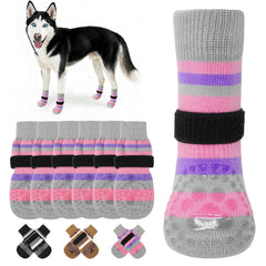 Kooltail anti-slip dog socks in pack show multiple sizes for paw protection and traction.