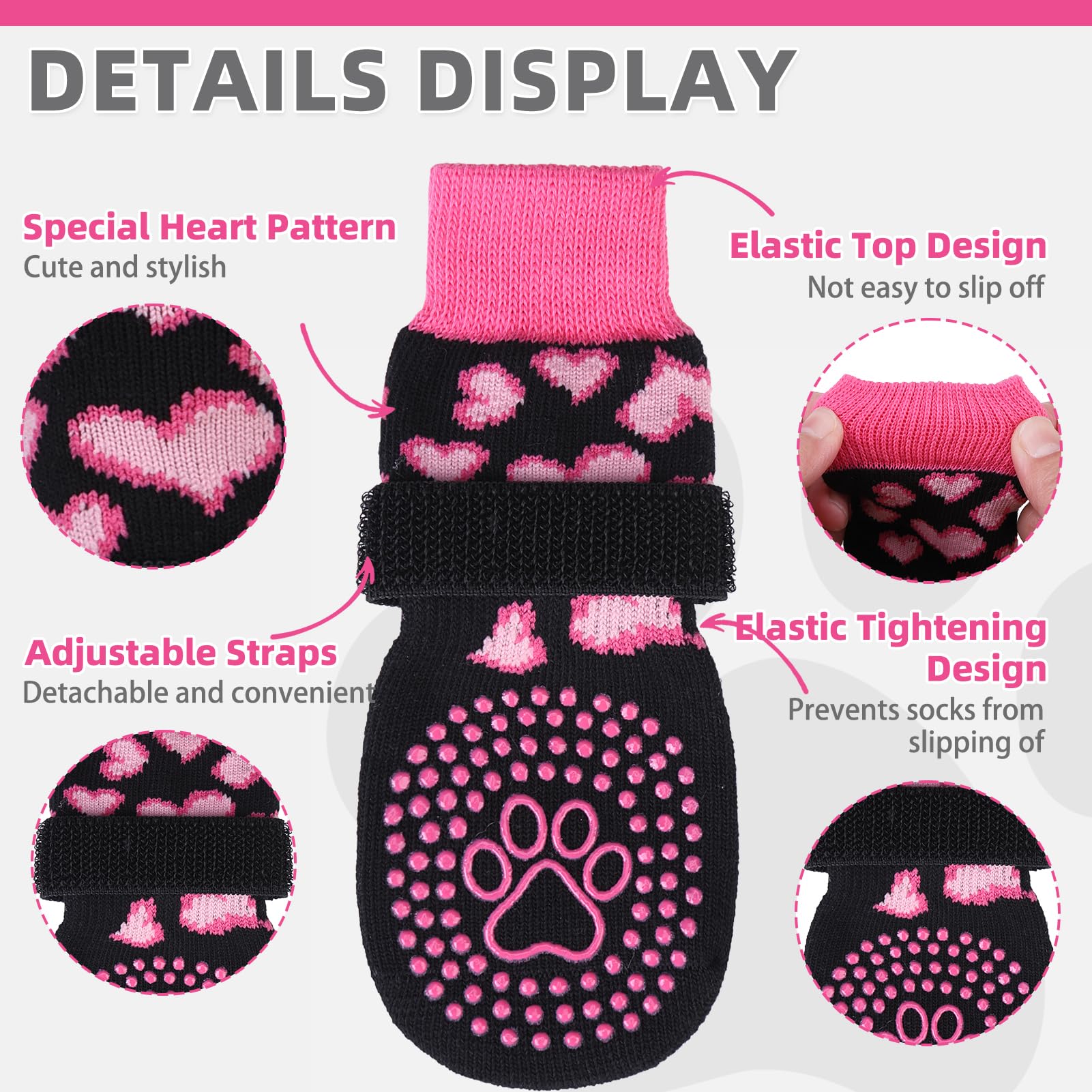 KOOLTAIL anti-slip dog socks pink heart on floor during walk for traction