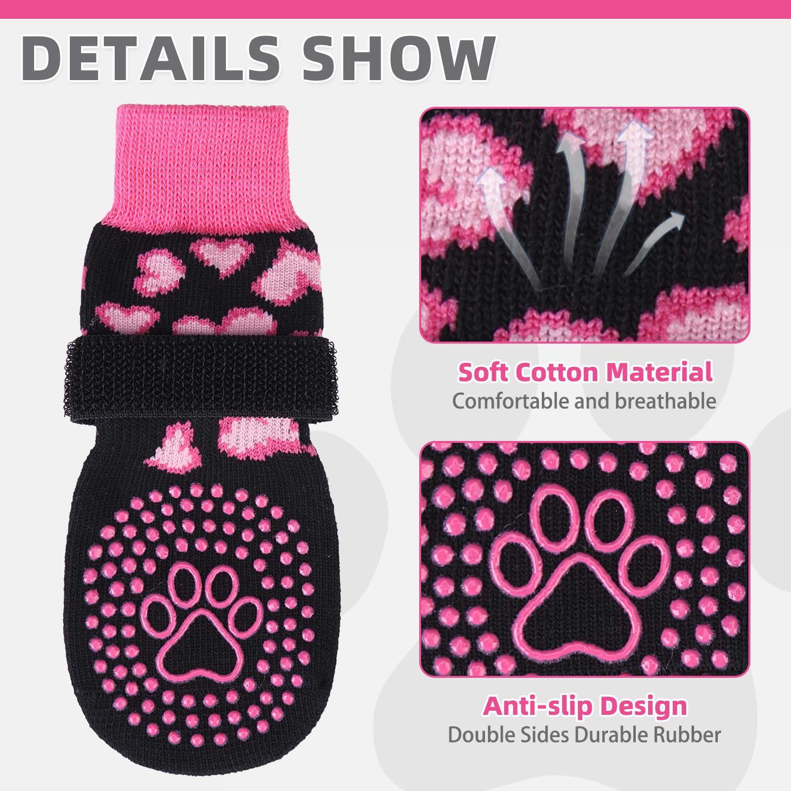KOOLTAIL anti-slip dog socks pink heart showing double-sided grip on side