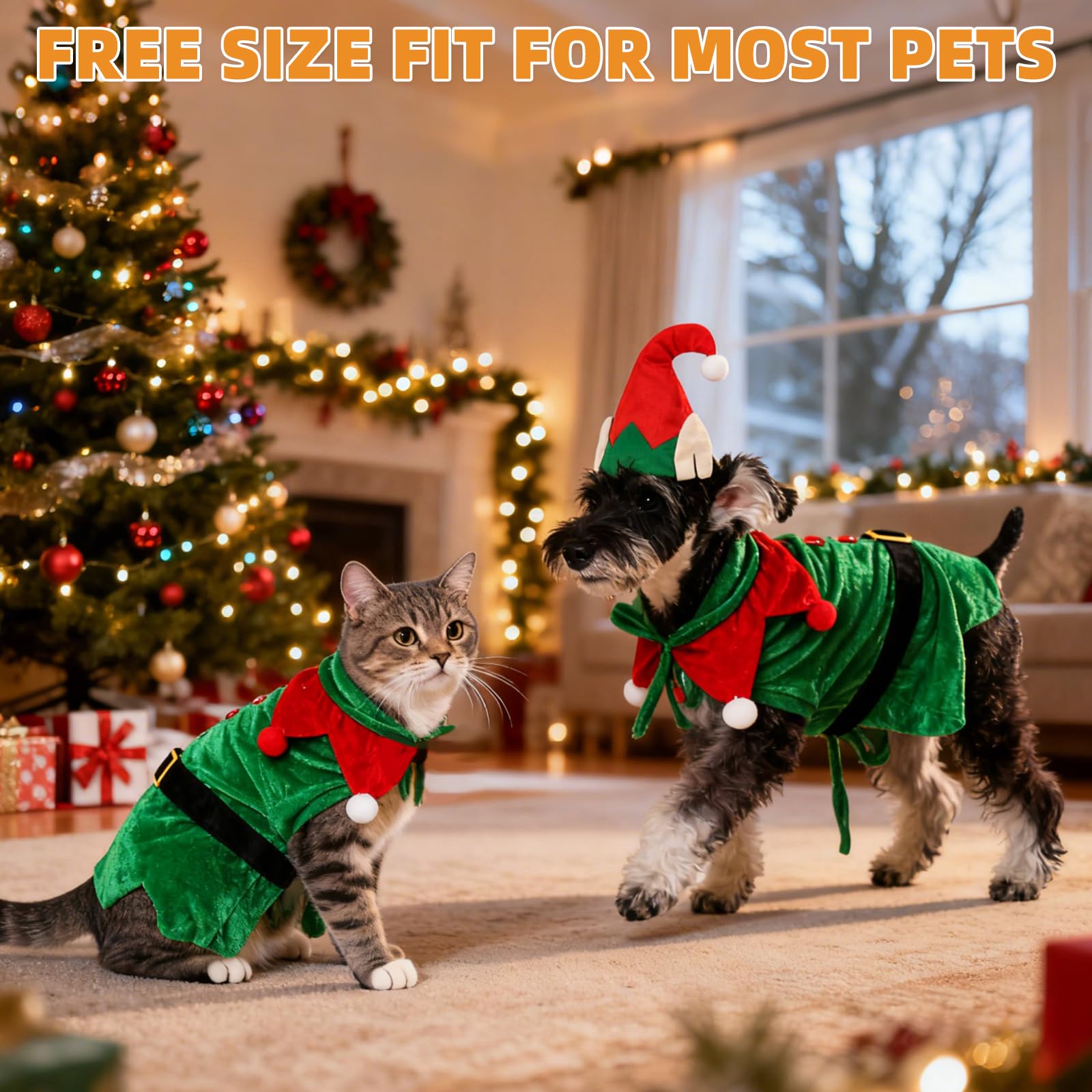 KOOLTAIL cat Christmas costume elf hat closeup showing lightweight skin-friendly fabric