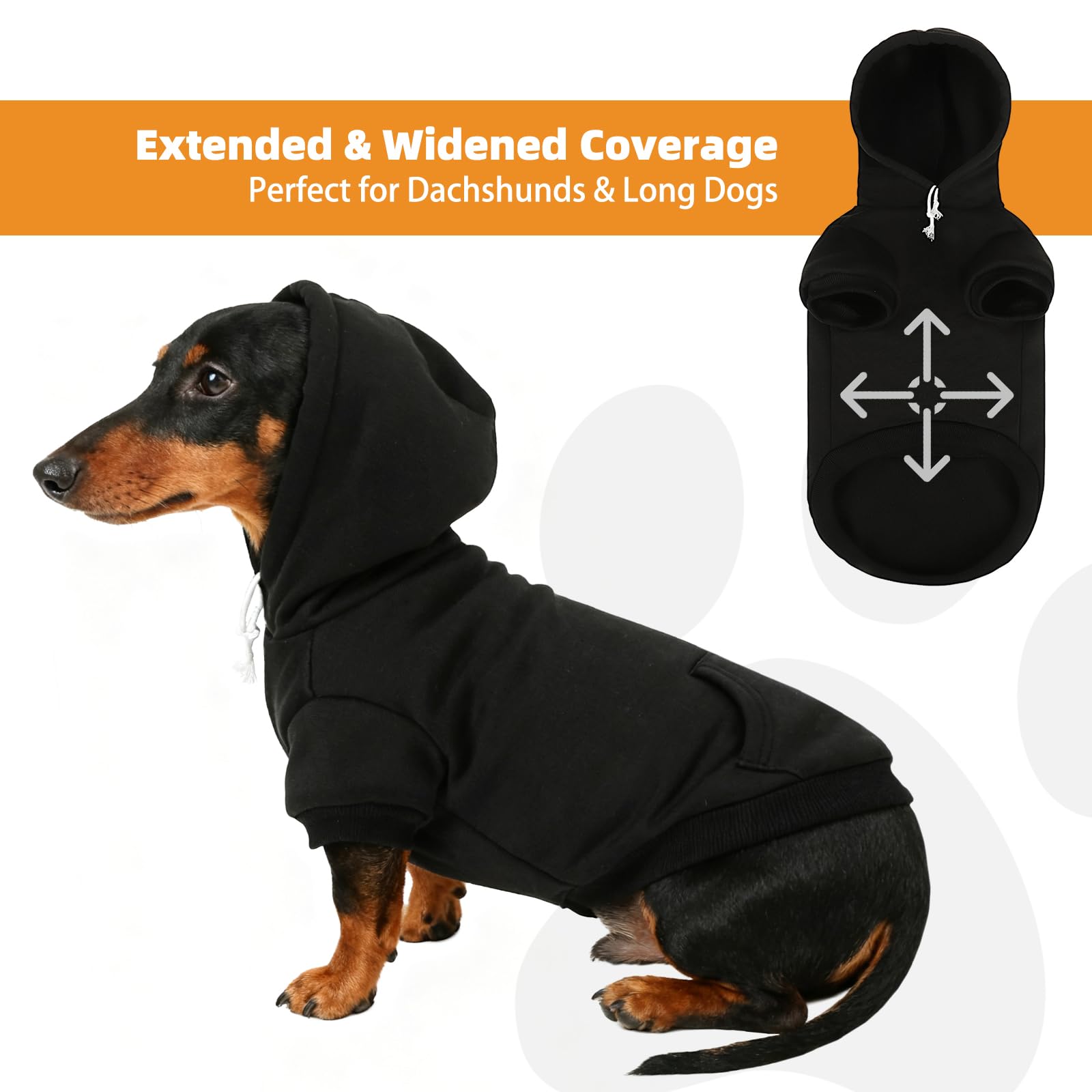 KOOLTAIL Dachshund Hoodie size chart helps find the snug fit.