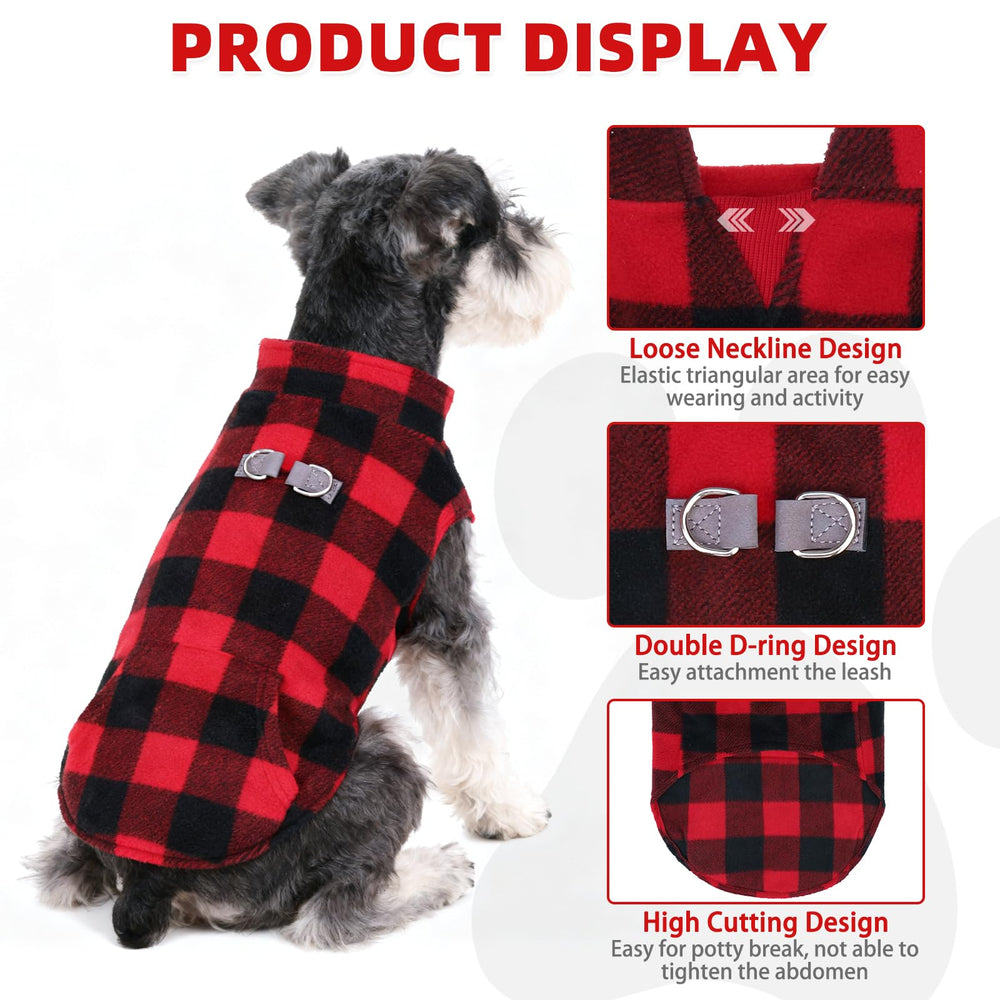 KOOLTAIL dog fleece vest red plaid dual D ring for leash options