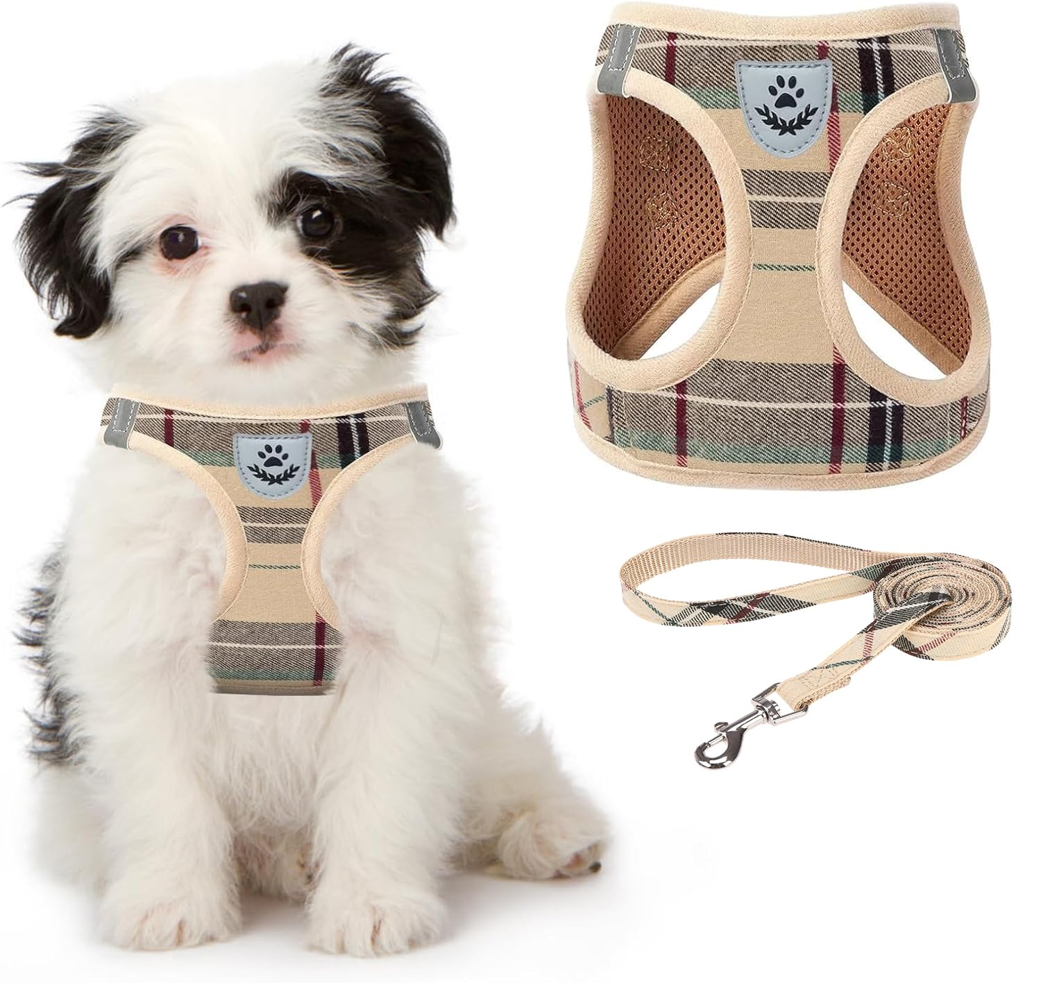 KOOLTAIL dog harness plaid beige on small dogs for stylish comfort and secure fit.