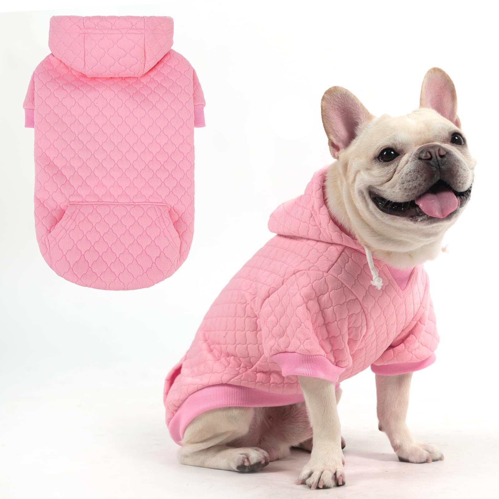 KOOLTAIL dog hoodie front view in pink highlights warm fleece comfort for chilly walks.