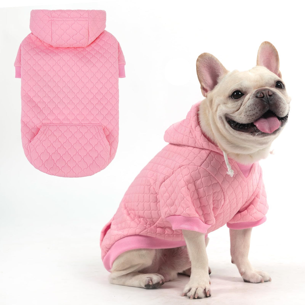 KOOLTAIL dog hoodie front view in pink highlights warm fleece comfort for chilly walks.