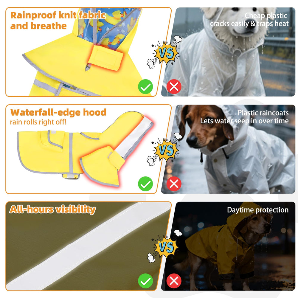 KOOLTAIL adjustable neck raincoat image demonstrates secure fit for different dogs.