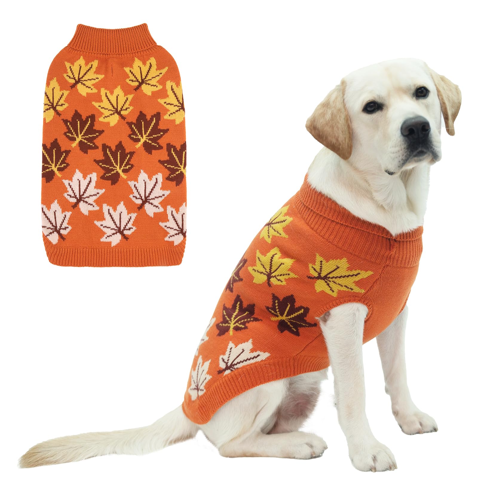 KOOLTAIL dog sweater orange maple leaf, front view for autumn warmth
