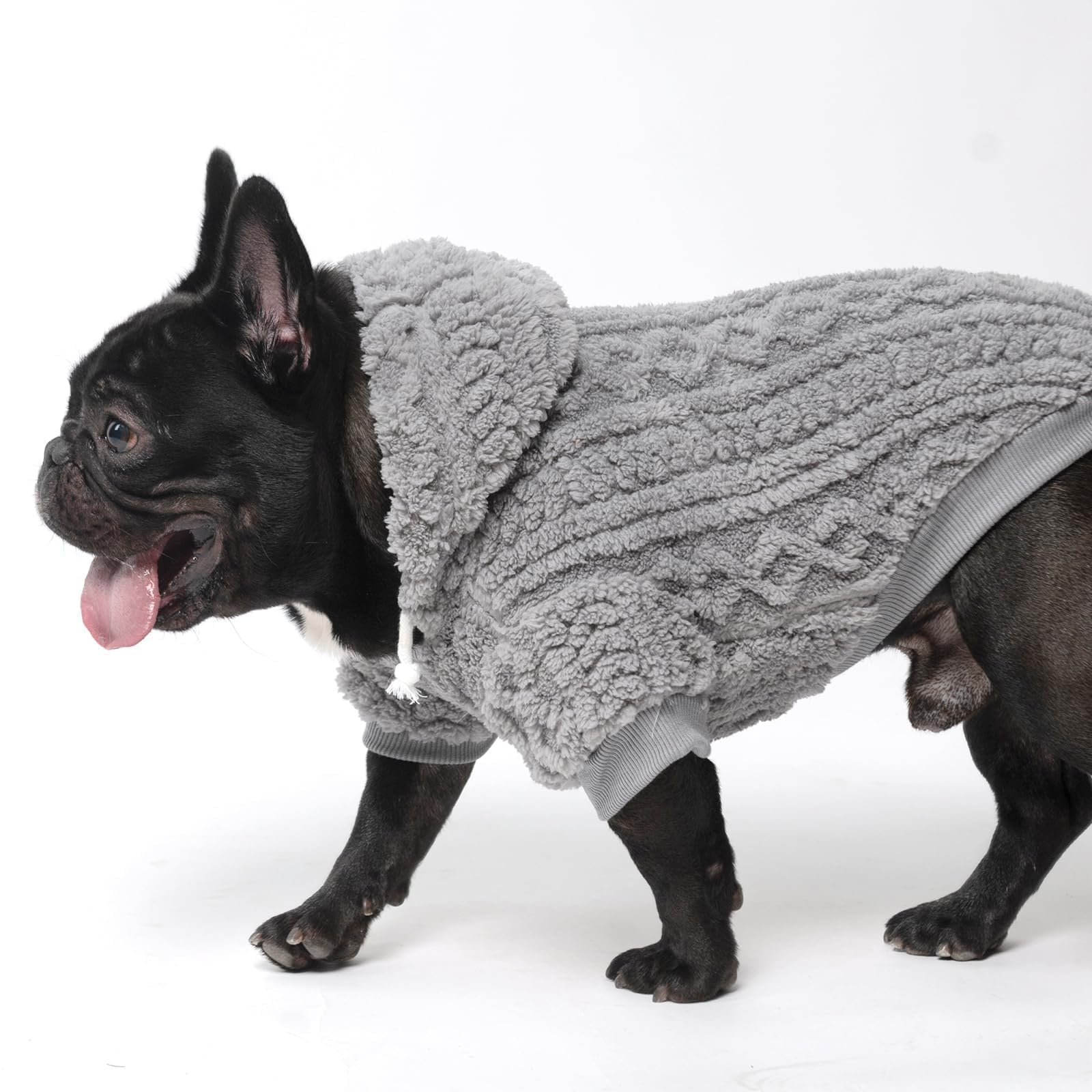 KOOLTAIL fleece dog sweater hoodie care label highlights machine washable convenience.
