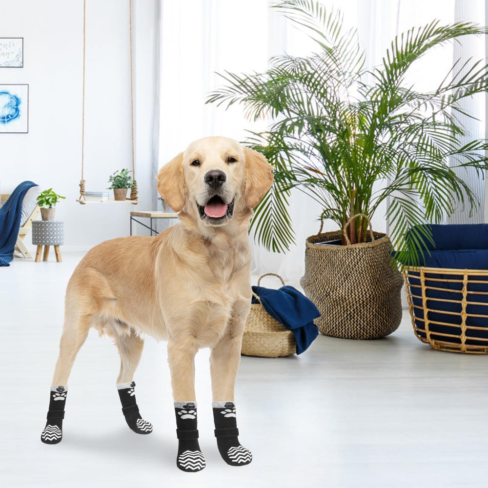 KOOLTAIL non-slip dog socks on hardwood floor demonstrating secure fit and paw protection.