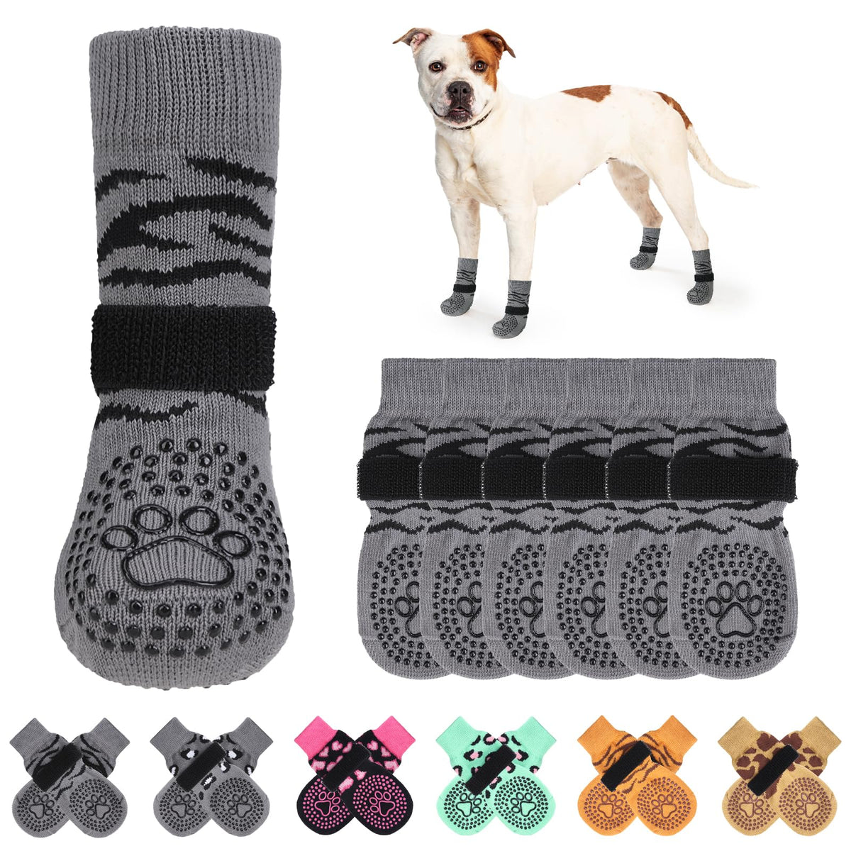 KOOLTAIL non-slip dog socks tiger print front view showing grip on wood floor