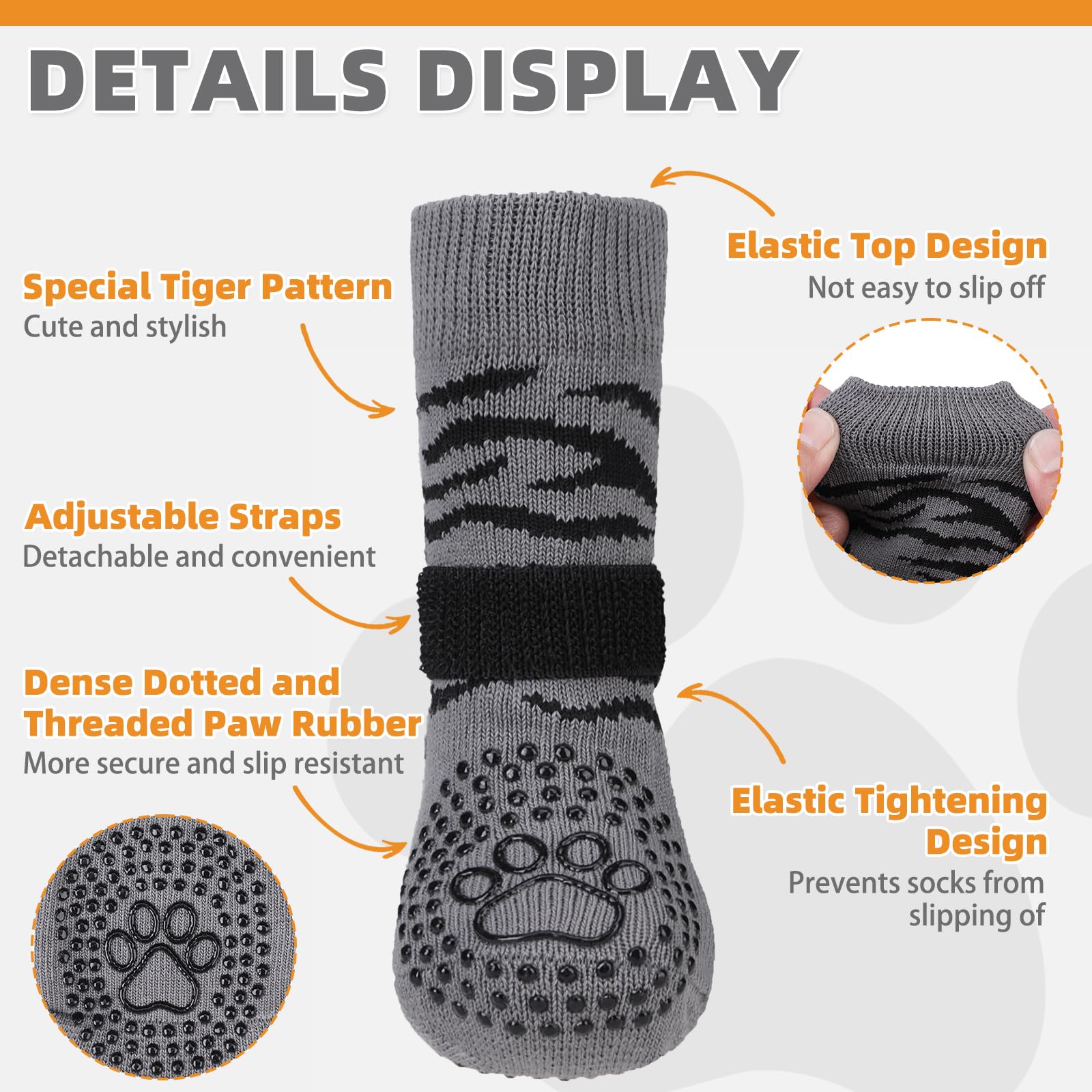 KOOLTAIL non-slip dog socks tiger print top view highlighting stretch and pattern