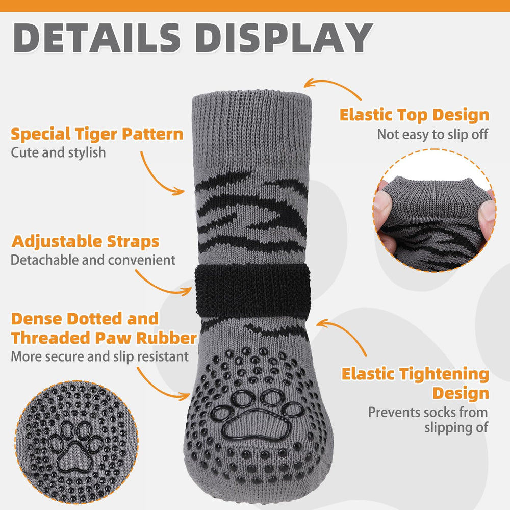 KOOLTAIL non-slip dog socks tiger print top view highlighting stretch and pattern